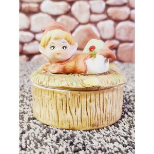 Vintage HOMCO Boy Pixie Elf Mushroom Round Trinket Dish Lidded Fairy Jar